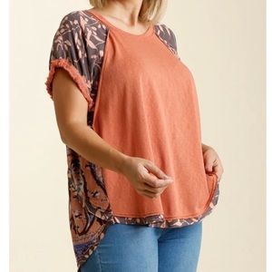 Umgee Fringe Aztec Short Sleeve Blouse In Clay. NWT!